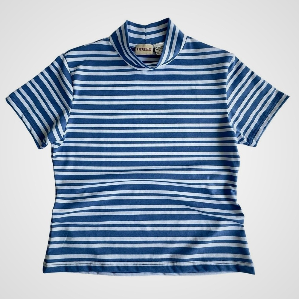 Crossroads Blue‎ White Striped Mock Neck Short Sleeve Top Women Large Stretch